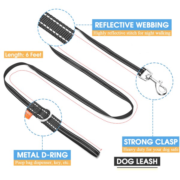 VINIPET 6 Feet Dog Leash and Collar Set with Reflective Threads and Comfortable Soft Padded Handle for Small Dogs (Black)